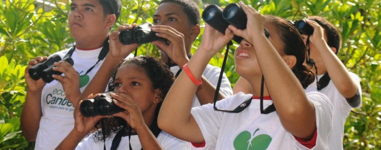 Youth with binoculars