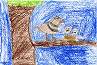 Drawing of Bird with chicks on tree branch against blue background