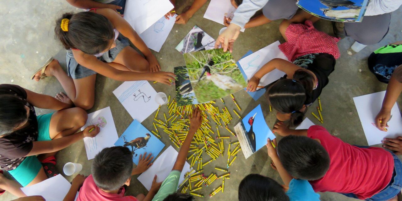 Kids sit in a circle drawing birds from photographs