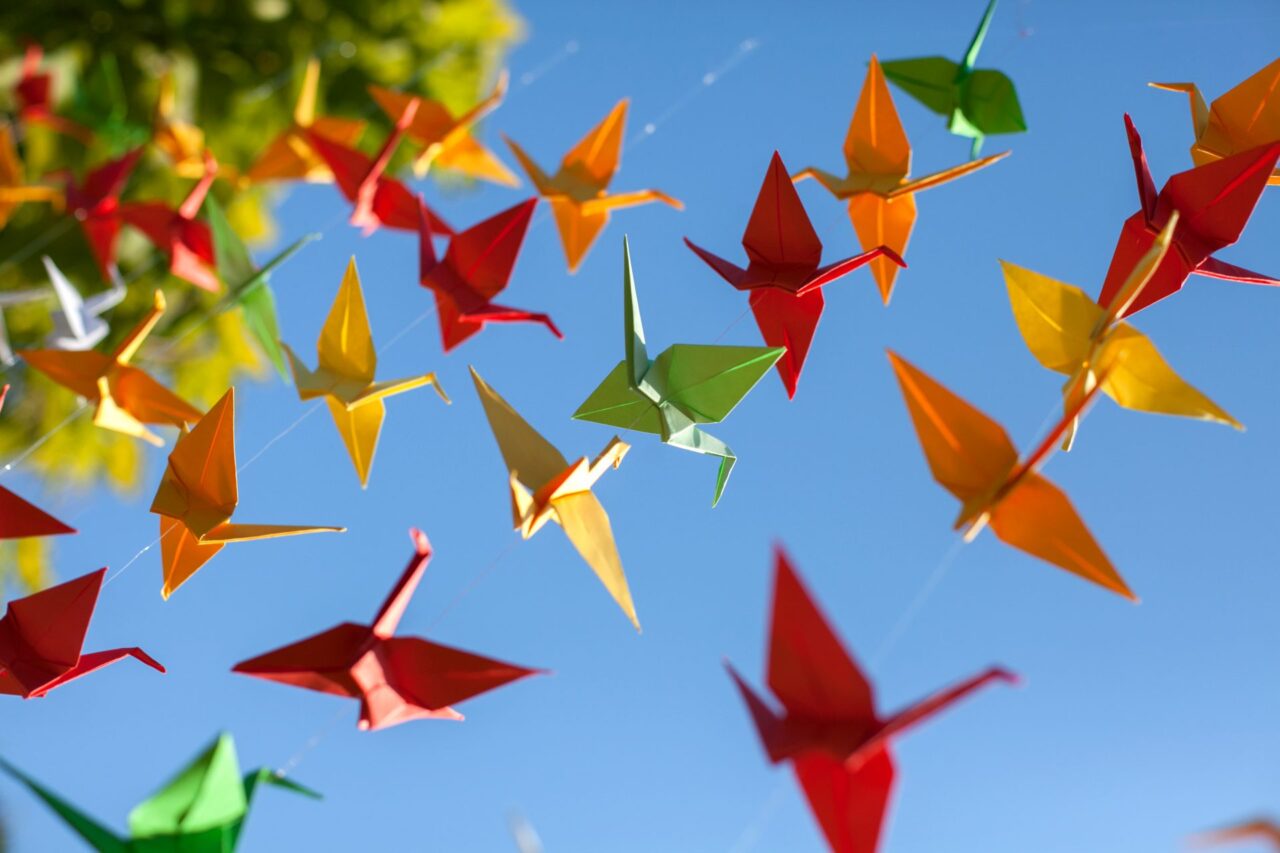 Origami birds strung up